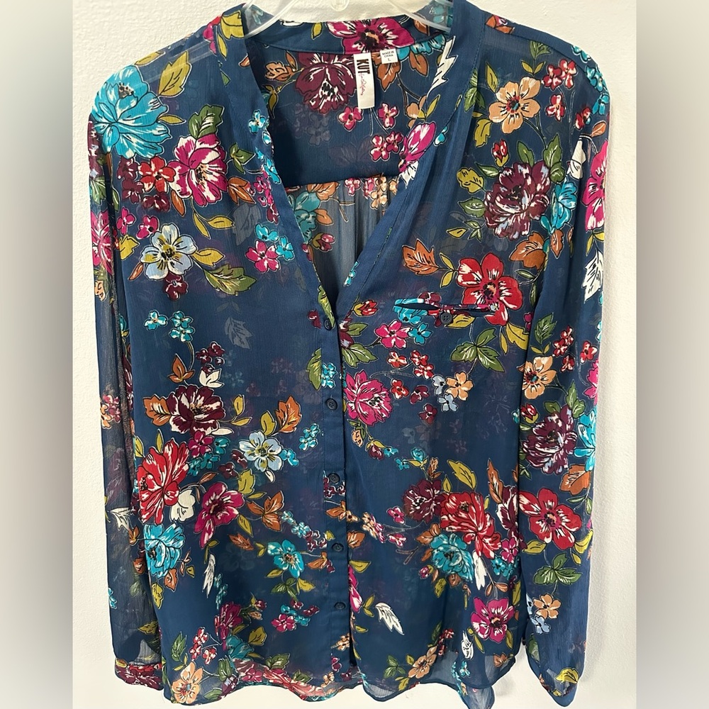 KUT from the Kloth Sheer Floral Blouse Size L Blue Button Front